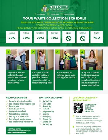 A flyer for Affinity Waste Solutions outlines a waste collection schedule and helpful reminders for customers.